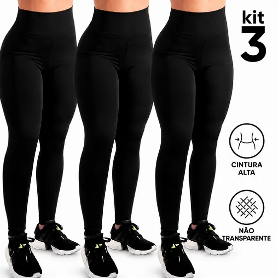 Legging Feminina Kit 3 Calça Suplex Grossa Zero Transparência Cós Duplo Cintura Alta Academia Preta