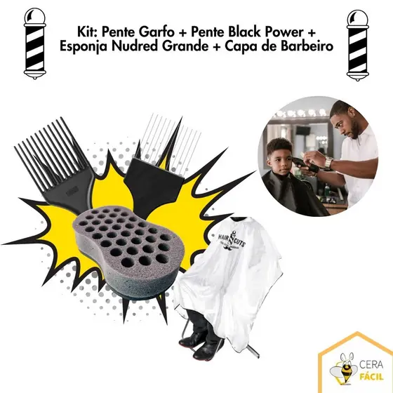 Kit Pente Garfo + Pente Black Power + Esponja Nudred + Capa de Barbeiro