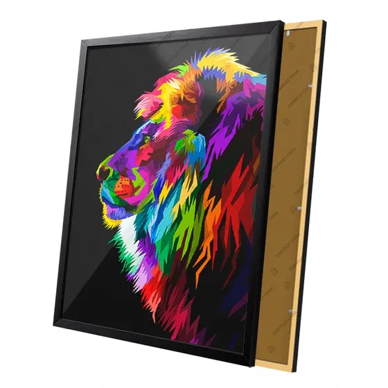 Quadro Rosto Leão De Lado Geométrico Colorido Fundo Preto Moldura e Vidro