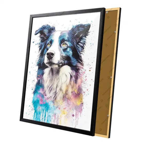Quadro Pintura Aquarela Cachorro Raça Border Collie Moldura e Vidro