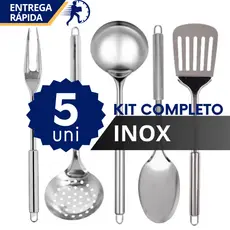 Kit Jogo de Utensílios de Inox Colher Concha Espátula Vazada Garfo Escumadeira
