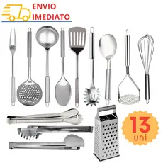 Jogo Kit de Utensilios de Cozinha Conjunto de Inox com 13 pçs Pegador Colher Concha