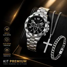 Kit Relógio Masculino de Aço Inoxidável Corrente de Inox de 60cm + Crucifixo Inox + Pulseira
