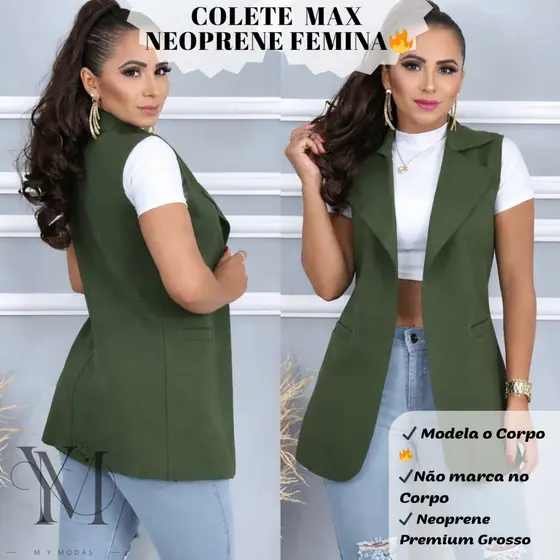 Colete Max Feminino Neoprene Alongado Estilo Blazer Sem Manga Casual Confortálvel