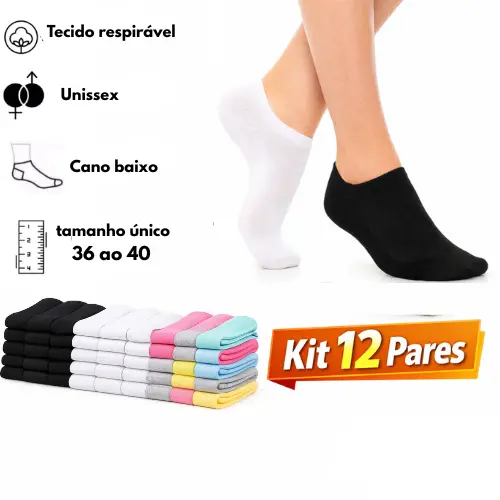 Meia Soquete Invisível Algodão Confortável Unissex – Kit 12 Pares