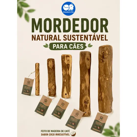 Mordedor Natural para Cachorro Madeira de Café Sabor Coco Brinquedo Sustentável Antiestresse Limpa Dentes Pet