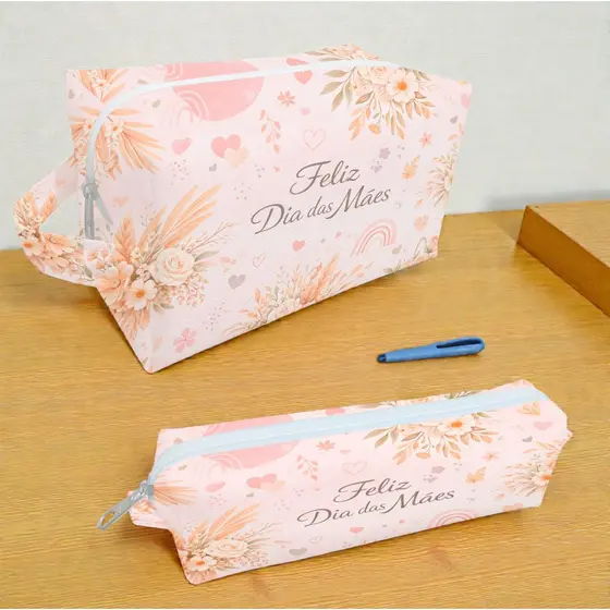 Necessaire Feminina Bege Rosé Floral Dia das Mães Bolsa Porta Maquiagem Estojo Organizador Multiuso Presente Elegante