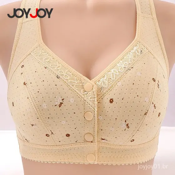 Joyjoy Sutiã Plus Size em Algodão Sem Fio com Botões Frontais e Detalhes em Renda – Roupa Íntima Feminina