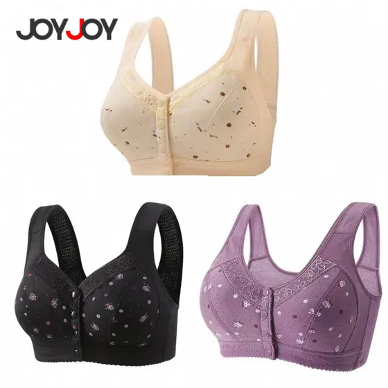 Joyjoy 1/3pc Roupa Íntima Feminina Plus Size – Sutiã Sem Fio em Algodão com Renda, Botões Frontais e Estampa Delicada