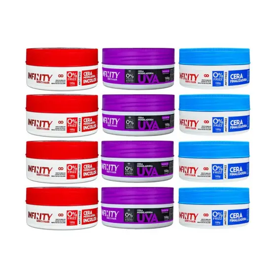 Kit 12 Ceras INFINITY 160g – Modeladora Incolor + Finalizadora + Uva (4 de Cada)