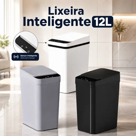 Lixeira Inteligente 12l com Tampa Automática por Sensor Praticidade para Cozinha e Banheiro