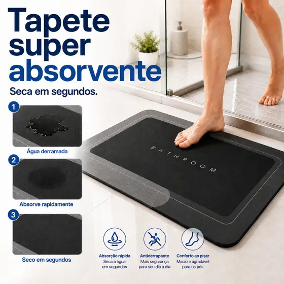 Tapete Mágico de Banheiro Super Absorvente Antiderrapante Secagem Rápida 40x60cm