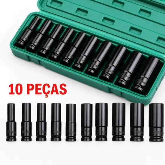 Jogo de Soquetes de Impacto Longo 1/2 10 Peças  8 A 24mm