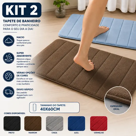 Kit com 2 Tapete Antiderrapante Absorvente Banheiro Quarto Macio Soft Secagem Rapida 60x40