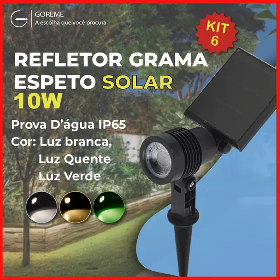 Kit 6 Luminária Espeto Jardim Solar LED 10W Refletor Solar | Luz de Gramado | À Prova D'àgua Avançada | Luz Branco Frio 6500K (Branco) | Branco Quente 3500K (Amarela) | Verde