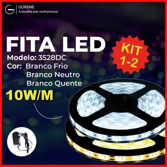 Fita LED 3528 Super Led Ultra 5M a prova d'água 600 Leds + Fonte | Luz Branca e Luz Neutro | IP20 (Acompanha Fonte)