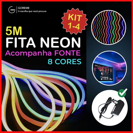 Fita de LED Mangueira Neon 5 Metros 60W Flexível Com Fonte 12V | 8 Cores