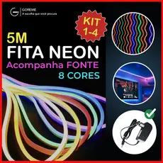 Fita de LED Mangueira Neon 5 Metros 60W Flexível Com Fonte 12V | 8 Cores