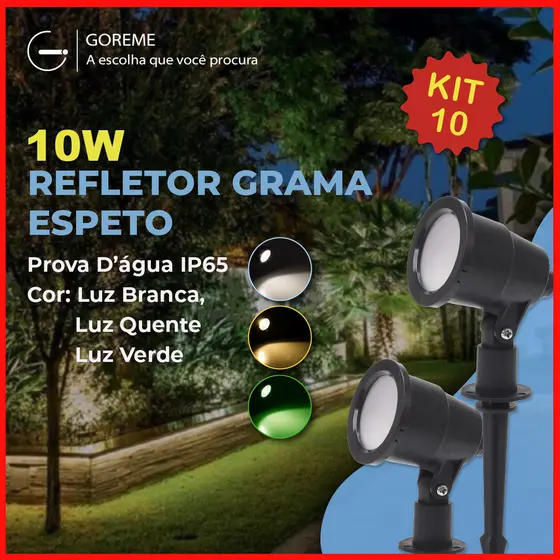 Kit 10 Luminária Espeto Jardim 10W LED | Luz de Gramado| À Prova D'àgua Avançada|Luz Branco Frio | Branco Quente | Verde