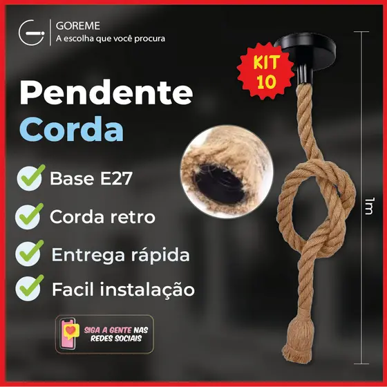 Kit 10 Pendente Corda 1M Retro Vintage Rústico Sisal E27 Para Decoração Com Detalhes Pérola Preta
