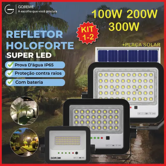 Holofote Refletor Led 300W 200W 100W Solar Prova D'àgua C/placa Solar para Ambientes Externos