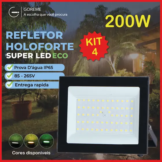 Holofote Refletor Led ECO Pro 200W Branco Frio 6500K  Branco Quente Verde| IP65 | Luz Econômica | Para Jardim