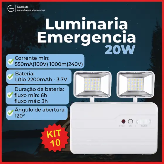 10 Luminária de Emergência LED PRO 20W com 2 Farol 40 LEDS Luz Branco Frio