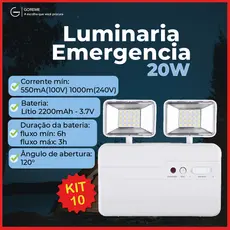 10 Luminária de Emergência LED PRO 20W com 2 Farol 40 LEDS Luz Branco Frio