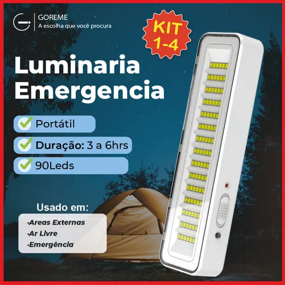 Luminária Emergência Lâmpada Portátil 90 Leds PRO Recarregável Bivolt Luz Branca Fria