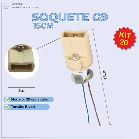 Kit 20 Soquete p/ Lâmpada G9 15CM Halopin Bipino com cabo Bivolt