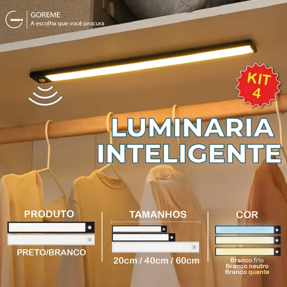 kit4 Smart Luminária Inteligente Ultra LED com sensor de movimento sem fio e Recarregável USB fino barra 20/40/60cm