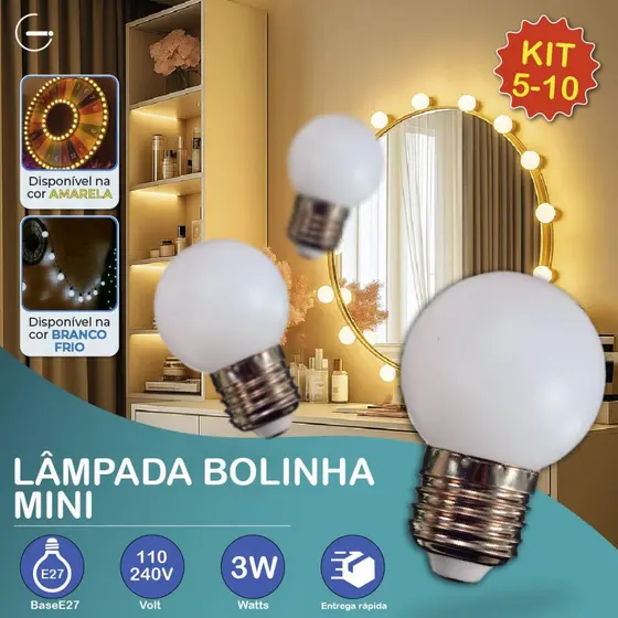 Kit 5/10 Lâmpadas Led Mini Bulbo Bolinha Luz Fria ou Quente 3W E27 110V-220V Bivolt
