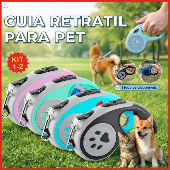 Coleira Guia Retrátil 3/5 Metros Pets Cachorro Cães Gatos Resistente com Trava até 12kg