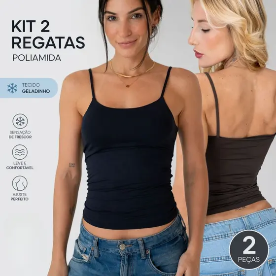 Kit 2 Regata Alça Fina em Poliamida Blusa com Forro Blusinha