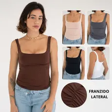 Regata Decote Quadrado Forro Duplo Franzido Lateral Regatinha Alça Grossa Suplex