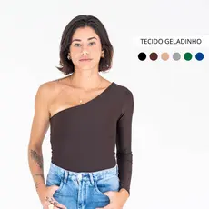 Body Um Ombro Só em Poliamida Manga Longa com Forro Tecido Frio Tecnologico