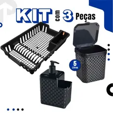 Kit Cozinha com Lixeira 5 Litros + Porta Detergente + Escorredor de Louça