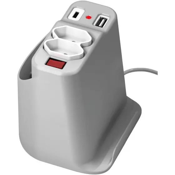 Mini Totem Extensão Elétrica de mesa com 2 tomadas, USB e USB-C + apoio para celular e porta objetos - Prata