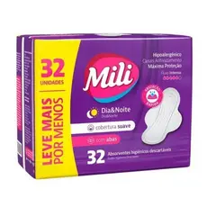 Absorvente Mili Dia e Noite 32 Unidades Suave Absorção Rápida com Abas