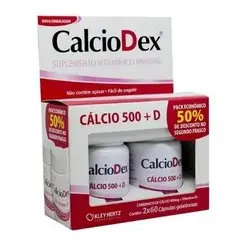 Kit Calciodex 500mg + Vitamina D3 contém 2 frascos com 60 cápsulas gelatinosas cada
