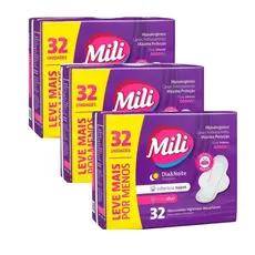 Absorvente Mili Dia e Noite Suave 32 Unidades com Abas,kit com 3, 96unidades no total.