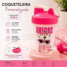 Coqueteleira Shakeira Feminina 450ml com Mola Misturadora Tampa Anti Vazamento Gatinhas Rosa