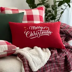 CAPA DE ALMOFADA LINHO RETANGULAR VERMELHO BORDADO MERRY CHRISTMAS 30x50