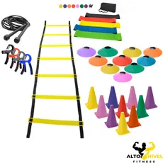 Kit Treino Escada 7 Degruas 10 Cones 10 Chapéus 5 Faixas Mini Bands 1 Hand Grip 1Corda de Pular Pvc
