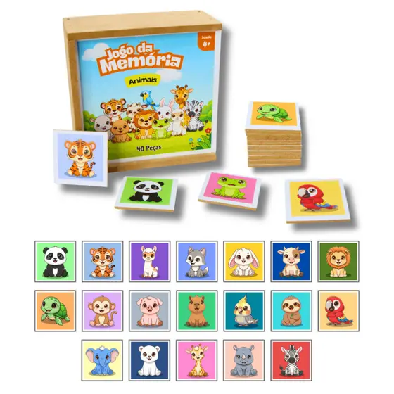 Jogo da Memória Animais Madeira MDF 40 Peças Brinquedo Educativo Pedagógico Infantil Menino Menina