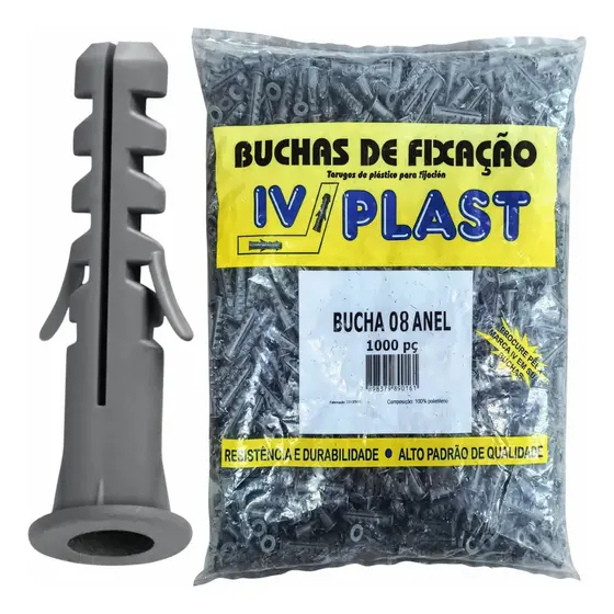 Bucha Ivplast 8mm Com Aba Anel Sem Parafuso Pacote 1000 Peças Cinza