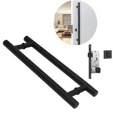Kit Porta Pivotante Puxador Tubular H 60cm + Fechadura Stam Rolete Preto Fosco