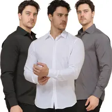 Kit 3 Camisa Social Masculina Manga Longa Forma Tradicional
