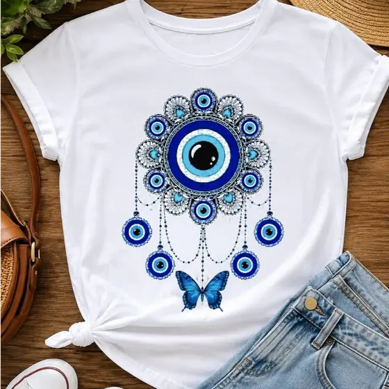 Camiseta Feminina Olho Grego Mandala – Proteção, Estilo e Elegância