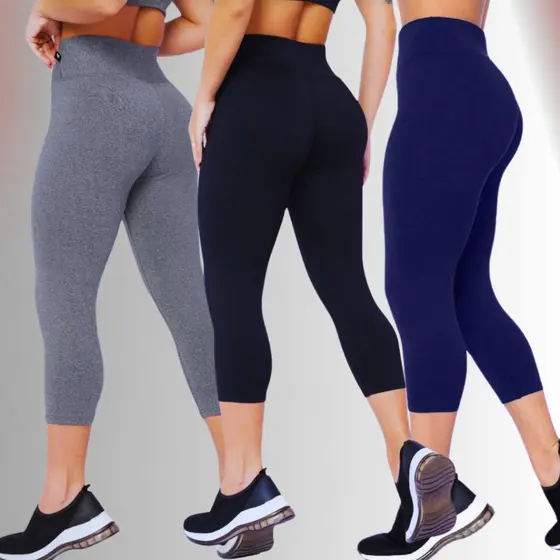 KIT 3 Corsario Feminino Capri Academia Cintura alta Suplex tecido grosso